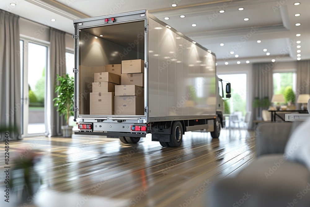 Moving Van Interior with Packed Boxes for Efficient Home Relocation and Logistics - Organized Delivery and Transport Services for Residential Moving and Packing Supplies Moving Van Interior with Packed Boxes for Efficient Home Relocation and Logistics - Organized Delivery and Transport Services for Residential Moving and Packing Supplies
