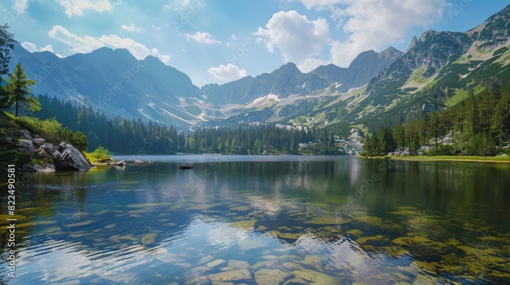 Fototapeta premium Majestic Serenity: A Vast Lake Embraced by Towering Mountains