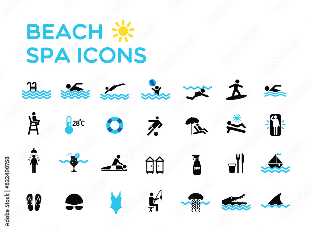 Variety of beach spa icons symbols signs pictogram logo against a white background