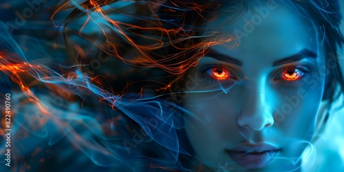 A woman with futuristic glowing orange eyes symbolizing technological advancement. Concept • Futuristic Technology.• Glowing Orange Eyes.• Technological Advancement.• Innovative Portrait.• Sci-Fi Ins photo