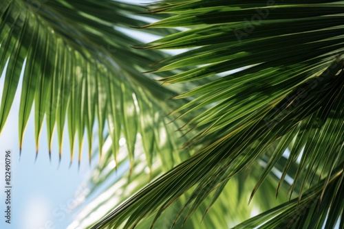 Lush green palm fronds spread beautifully under a clear  sunny sky