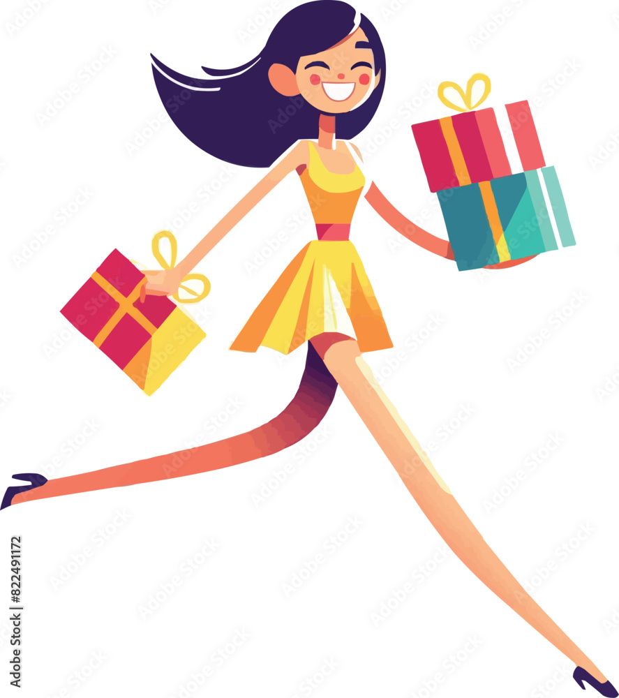 Happy Asian looking woman running with shopping and discount packages in her hands against a flat, white background Happy Asian looking woman running with shopping and discount packages in her hands against a flat, white background