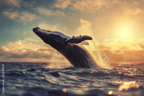 A majestic whale breaching the ocean surface with water splashing under the sunny sky.. AI generated.