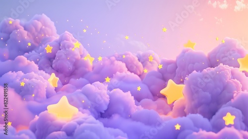 Fototapeta Naklejka Na Ścianę i Meble -  Enchanting cartoon pastel purple clouds and yellow stars illuminating the night sky - whimsical 3d rendering