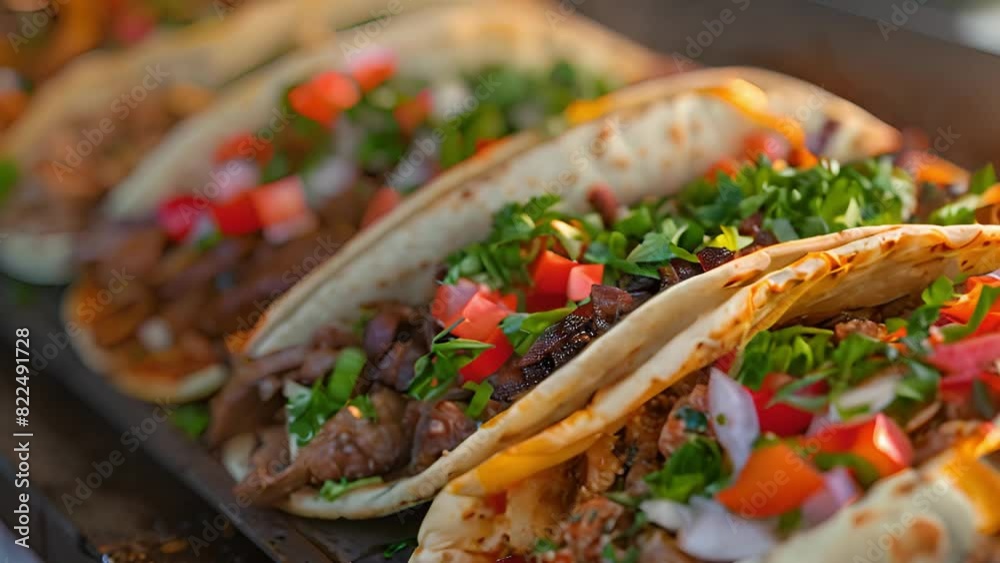 This Tacos lined up neatly on a cooking pan. Row of Tacos on Pan