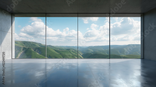A large window in a room with a view of a mountain range