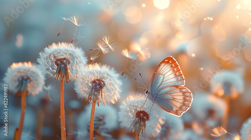 Morpho butterfly and dandelion. Dandelion flower seeds on a background of blue sky with clouds