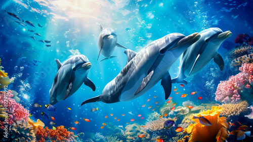 Dolphins swimming among vibrant coral reef and colorful fish underwater.