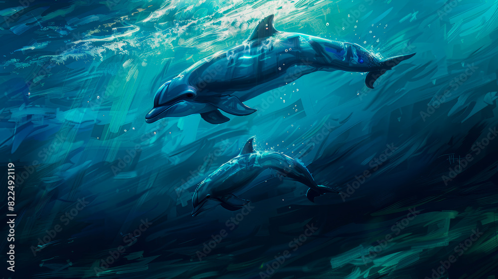 Obraz premium Dolphins swimming among vibrant coral reef and colorful fish underwater