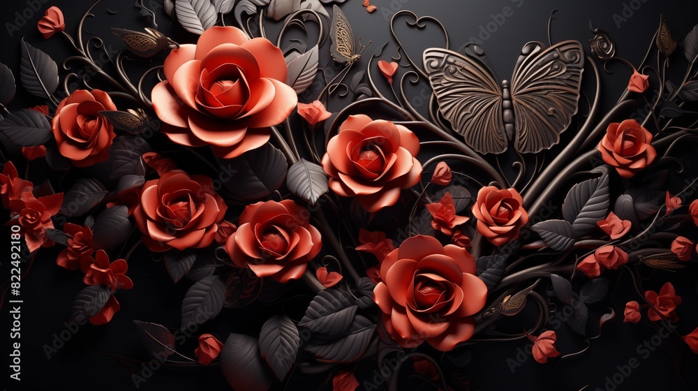 Elegant Red Roses and Ornate Butterfly on Dark Background Elegant Red Roses and Ornate Butterfly on Dark Background