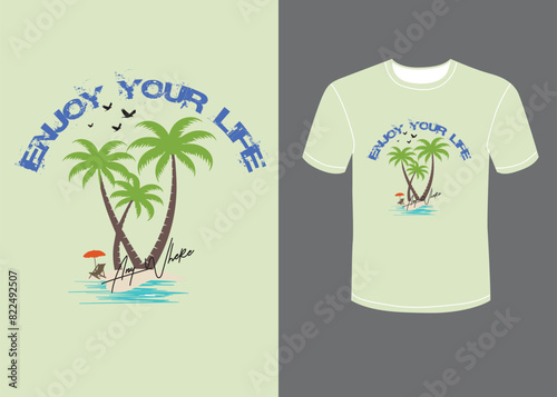 Beach good time retro t-shirt print design. Beach t-shirt artwork. Palm tree, chare graphic print design. Enjoy your life anywhere