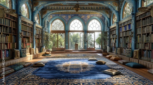 A large room with a blue carpet and many bookshelves © Jūlija