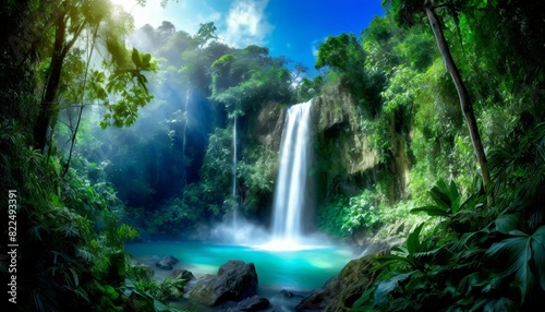 A dense tropical rainforest with a waterfall cascading in the background, under a bright blue sky