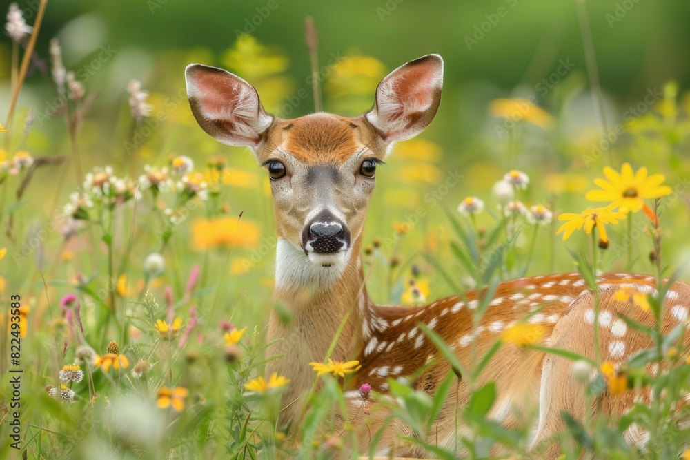 A close-up of a deer resting in an open meadow surrounded by tall grass and wildflowers.. AI generated. A close-up of a deer resting in an open meadow surrounded by tall grass and wildflowers.. AI generated.