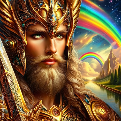 Heimdall, Guardian of Asgard and the Rainbow Bridge. Golden armor. He holds a sword. He is ready to signal the onset of Ragnarok. Eternal vigilance. Guarding the realms. Generative AI photo