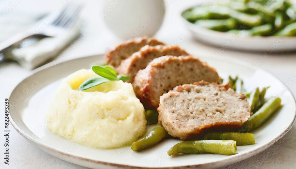 Meatloaf slices with green beans and mashed potatoes, brown gravy. Meatloaf slices with green beans and mashed potatoes, brown gravy.
