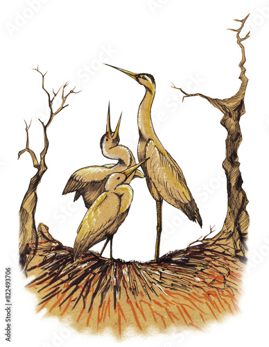 Storks feeding chicks, ink drawing of a family of storks. Clipart drawing on a transparent background.