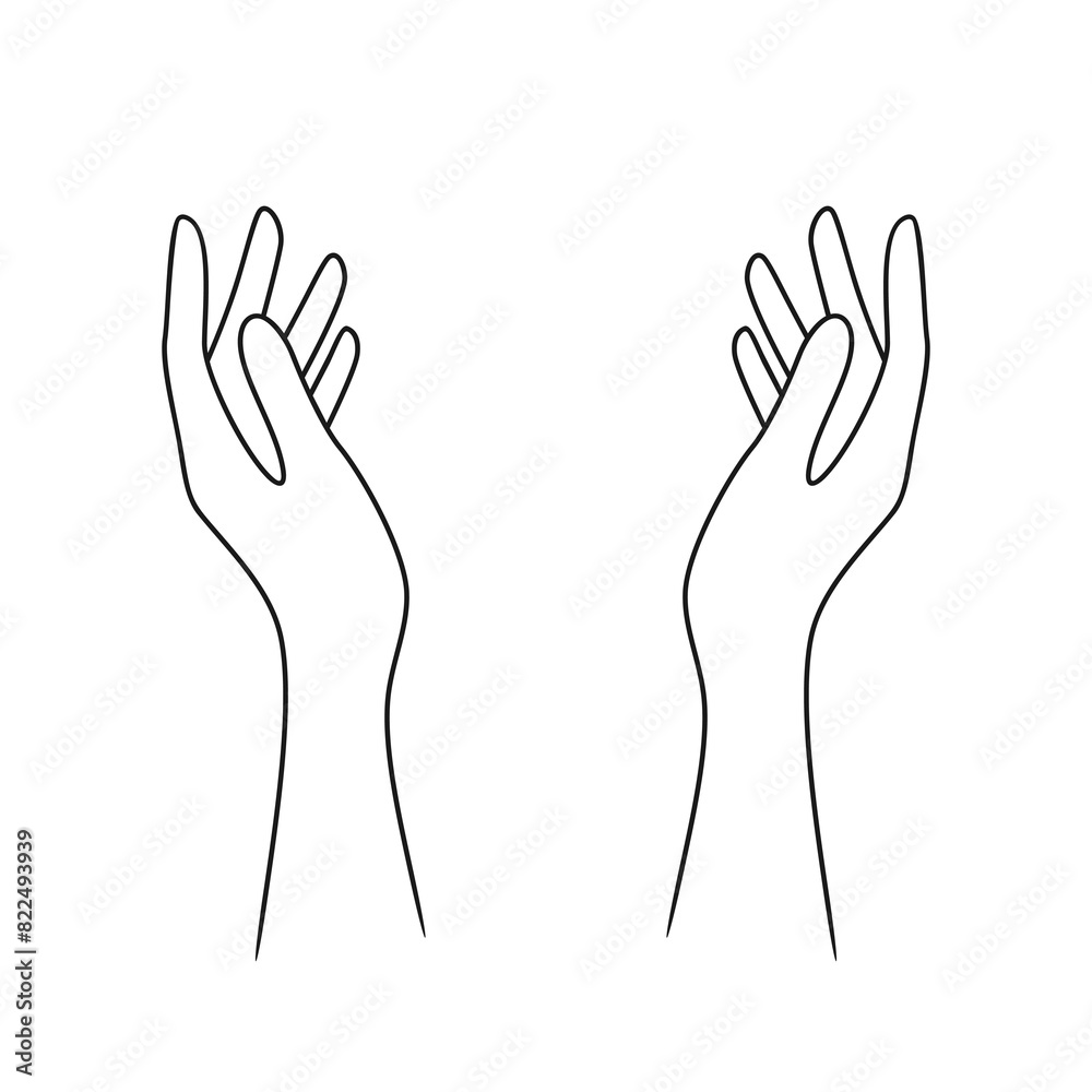 Two raised hands with palms facing each other. Vector illustration in linear style Two raised hands with palms facing each other. Vector illustration in linear style