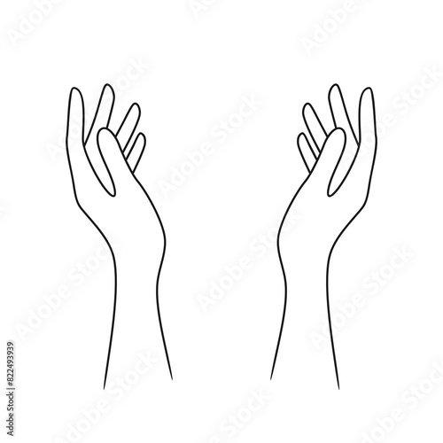 Two raised hands with palms facing each other. Vector illustration in linear style