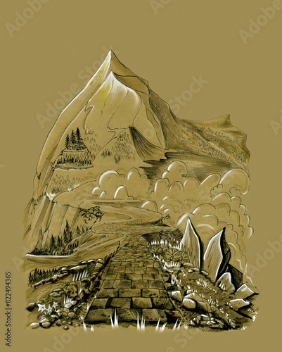 Mountain peak. Mountain landscape in ink on old craft paper.