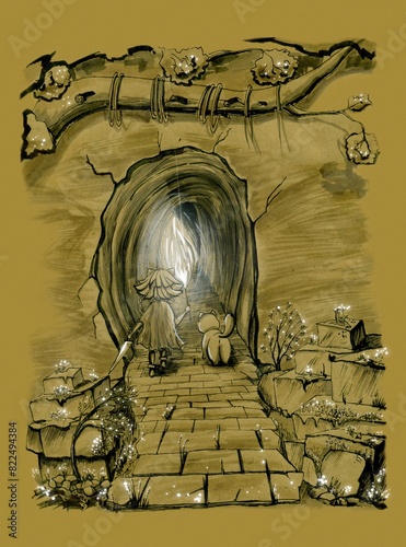 A girl with a torch and a cat enters a mysterious cave. Fairytale ink drawing on yellow old paper.