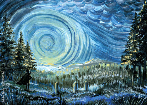 Forest landscape with beautiful sky. Oil painting in the impressionist style.