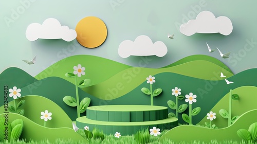 A 3D cylinder podium set against a green natural landscape  serving as a background for Earth Day or World Environment Day banners. Presented in paper art vector illustration.