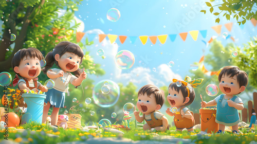 Children playing with bubbles at park. Generative by AI
