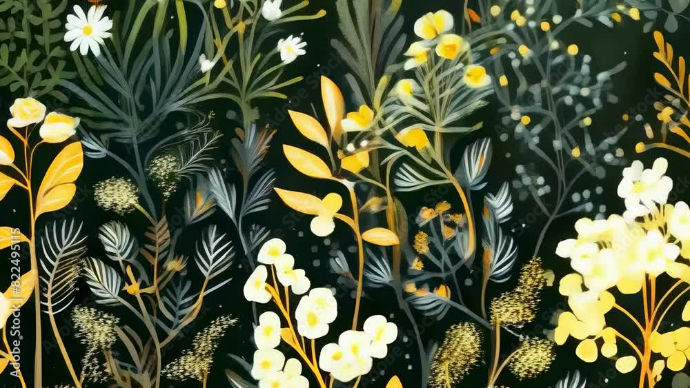 This image depicts a vibrant botanical pattern of various flowers and leaves on a dark background. The design exudes elegance and serenity, using intricate details and contrasting colors for striking
