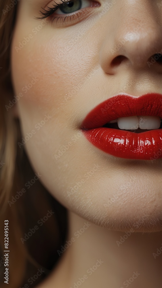 Fototapeta premium Lips with red lipstick and white teeth of a beautiful woman