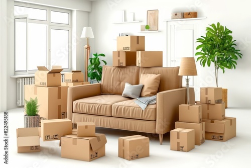 Moving Boxes and Plants in a Sunlit Room with Shadows and White Walls for a Cozy and Modern Home Relocation. © Leo
