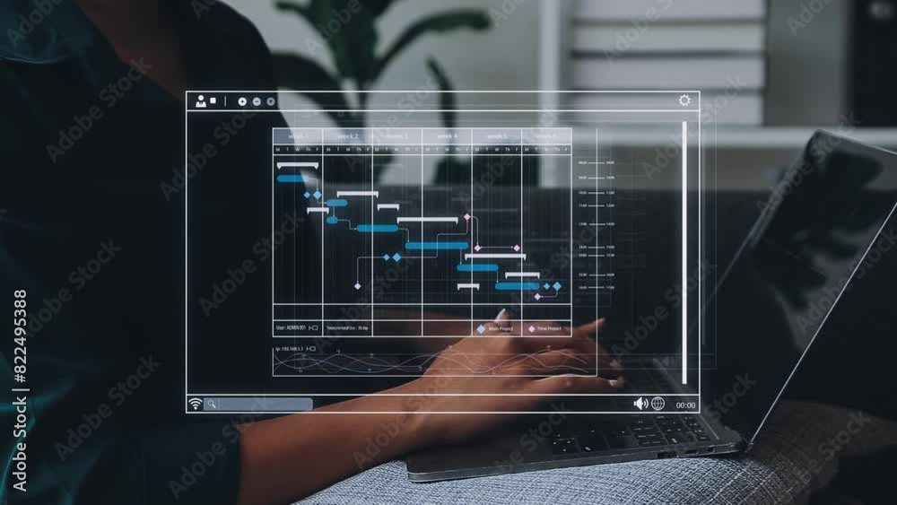Project manager working with Gantt chart schedule to plan tasks and deliverables. Scheduling activities with a planning software, Corporate strategy for finance, operations, sales, marketing. Project manager working with Gantt chart schedule to plan tasks and deliverables. Scheduling activities with a planning software, Corporate strategy for finance, operations, sales, marketing.