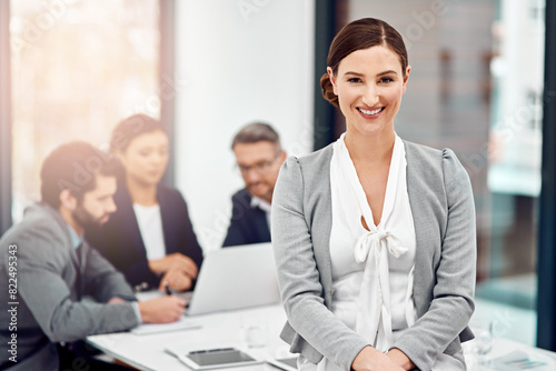 Office, meeting and portrait of woman with smile for business proposal, report and partnership. Happy, employee and confidence in accounting with consultation for finance deal, budget and planning