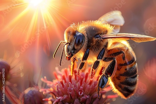 Bees are swarming on a flower with sunlight behind, It’s a serene scene that showcases the beauty of nature