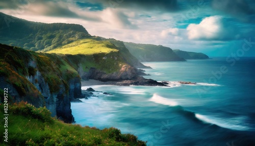 A serene coastal scene with cliffs and waves crashing, framed by a lush green hillside in the background.