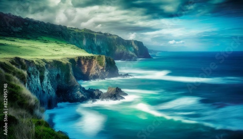 A serene coastal scene with cliffs and waves crashing, framed by a lush green hillside in the background.