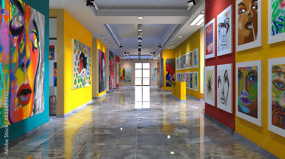 A colorful and organized art gallery with various student artworks displayed on the walls. 8k, realistic, full ultra HD, high resolution and cinematic photography
