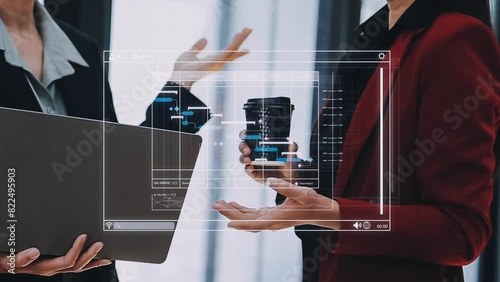 Project manager working with Gantt chart schedule to plan tasks and deliverables. Scheduling activities with a planning software, Corporate strategy for finance, operations, sales, marketing. photo