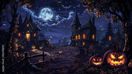 Spooky halloween nighttime scene with full moon, haunted house, and flying bats in a dark, misty landscape - horizontal background