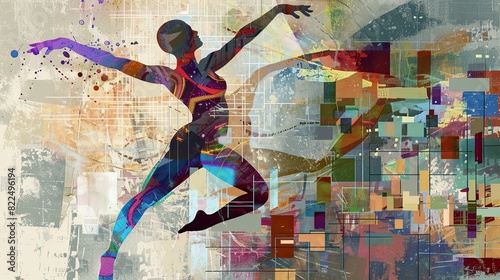 Exaggerated figure of a dancer with grainy color fade background