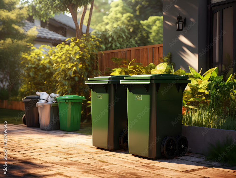 Garden waste compost bins with garden waste, outdoors in backyard garden Garden waste compost bins with garden waste, outdoors in backyard garden