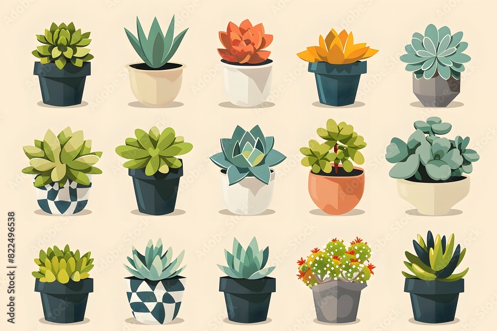 Obraz premium A collection of various succulents in different colored and shaped pots arranged in a grid