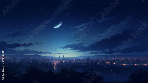 View of the city at night with the beauty of the blue sky.