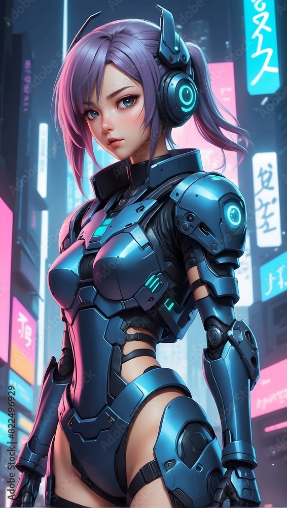 Beautiful cyberpunk anime girl character wearing tech armor

