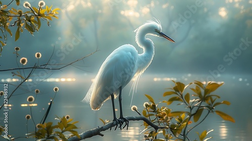  A graceful egret perched on a branch overhanging a tranquil pond, its pristine white feathers glowing in the soft morning light photo