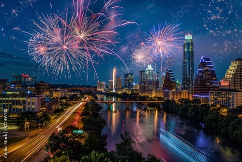 Vibrant July 4th fireworks over Austin's skyline and reflecting river, social media, holiday promotions, and urban-themed designs.