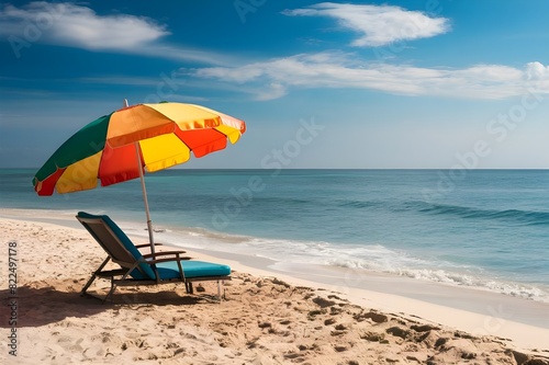 Colorful umbrellas and chairs on the white sand summer beach sea background generative ai