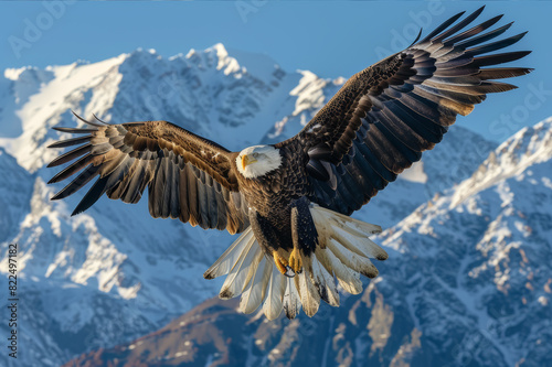 Majestic eagle soaring high above snow-capped mountains under a clear blue sky  showcasing its impressive wingspan.. AI generated.