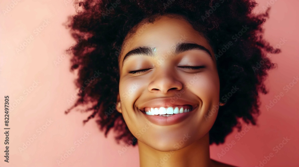 Radiant Smiling Female with Closed Eyes on Pink, Happy Young Woman Embracing Joy in Vibrant Setting Radiant Smiling Female with Closed Eyes on Pink, Happy Young Woman Embracing Joy in Vibrant Setting