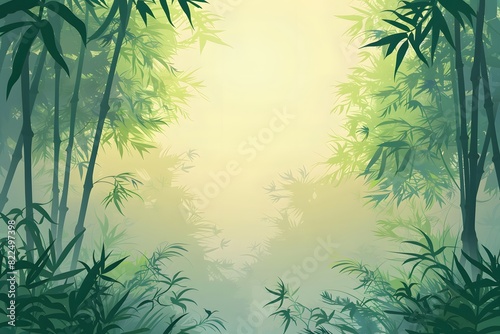 Serene bamboo forest at sunrise  with a pathway leading into the mist.